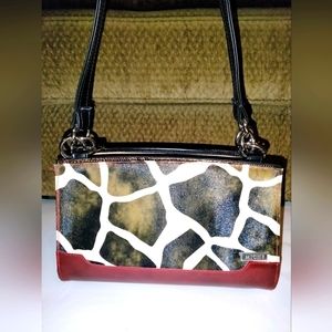 Miche Multicolored Giraffe Print & Red Patent Bottom Trim Shoulder Tote Bag